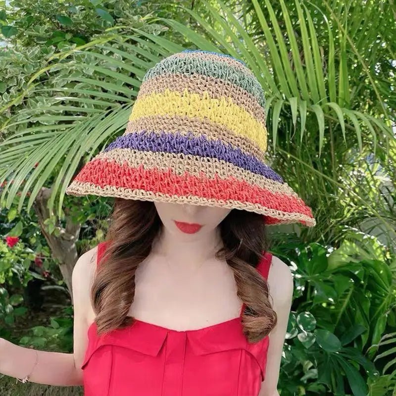 C63C Women Kids Girls Summer Crochet Woven Straw for Sun Hat Bright Rainbow Colorful Stripes Wide Brim Sunscreen Packable Bucket - Avero