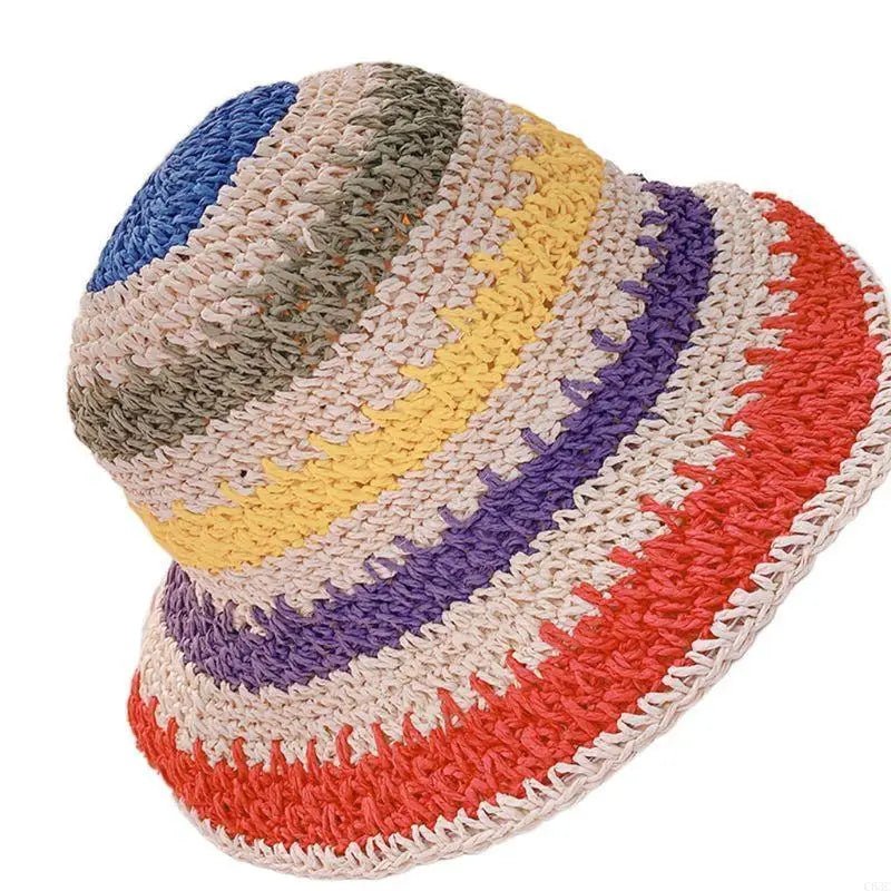 C63C Women Kids Girls Summer Crochet Woven Straw for Sun Hat Bright Rainbow Colorful Stripes Wide Brim Sunscreen Packable Bucket - Avero