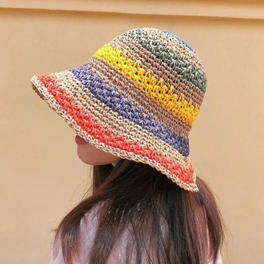 C63C Women Kids Girls Summer Crochet Woven Straw for Sun Hat Bright Rainbow Colorful Stripes Wide Brim Sunscreen Packable Bucket - Avero