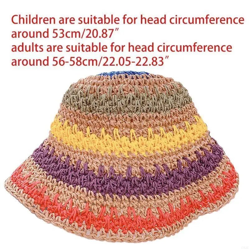 C63C Women Kids Girls Summer Crochet Woven Straw for Sun Hat Bright Rainbow Colorful Stripes Wide Brim Sunscreen Packable Bucket - Avero
