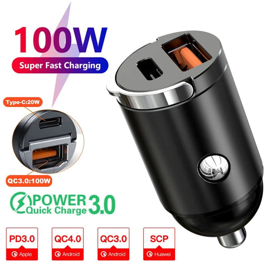 Car 100 - 200W Dual Port Mini USB Charger Ultra Fast Charging Cigarette Lighter Socket 12 - 24V Aluminum Cell Phone Charging Adapter - Avero