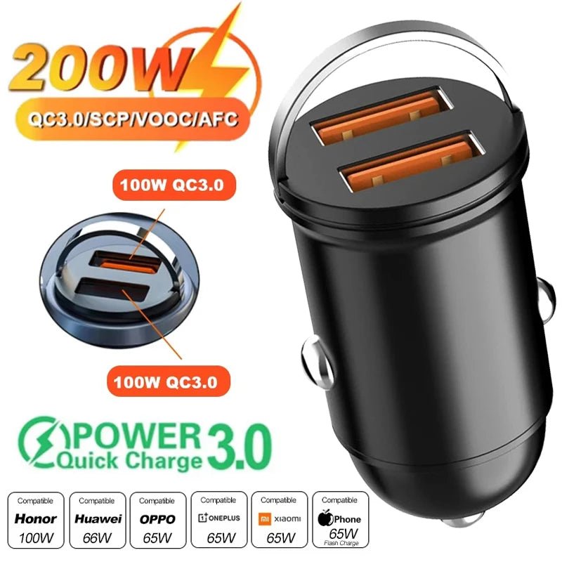 Car 100 - 200W Dual Port Mini USB Charger Ultra Fast Charging Cigarette Lighter Socket 12 - 24V Aluminum Cell Phone Charging Adapter - Avero
