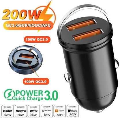 Car 100 - 200W Dual Port Mini USB Charger Ultra Fast Charging Cigarette Lighter Socket 12 - 24V Aluminum Cell Phone Charging Adapter - Avero