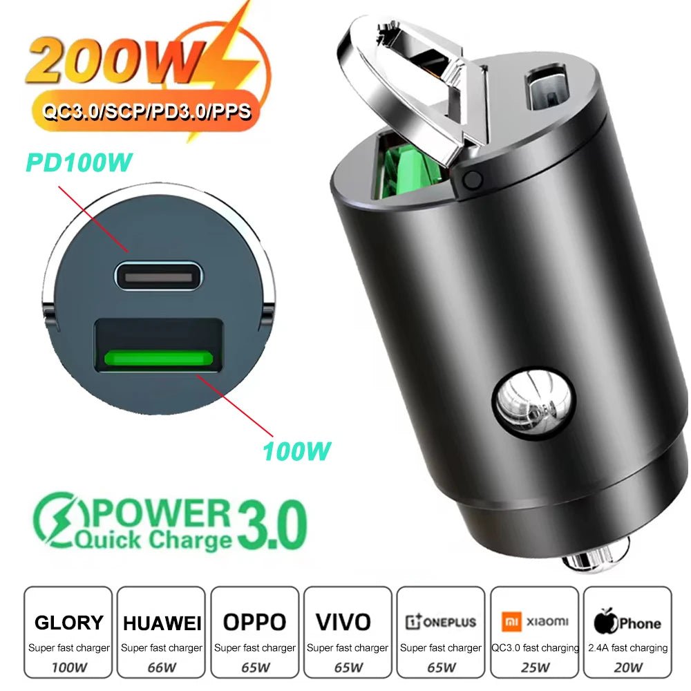 Car 100 - 200W Dual Port Mini USB Charger Ultra Fast Charging Cigarette Lighter Socket 12 - 24V Aluminum Cell Phone Charging Adapter - Avero
