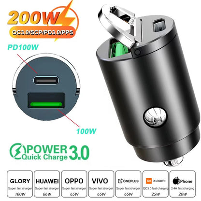 Car 100 - 200W Dual Port Mini USB Charger Ultra Fast Charging Cigarette Lighter Socket 12 - 24V Aluminum Cell Phone Charging Adapter - Avero