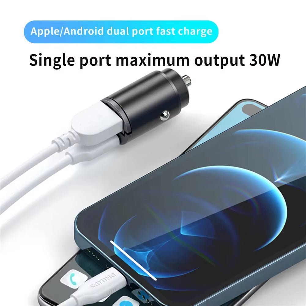 Car 100 - 200W Dual Port Mini USB Charger Ultra Fast Charging Cigarette Lighter Socket 12 - 24V Aluminum Cell Phone Charging Adapter - Avero