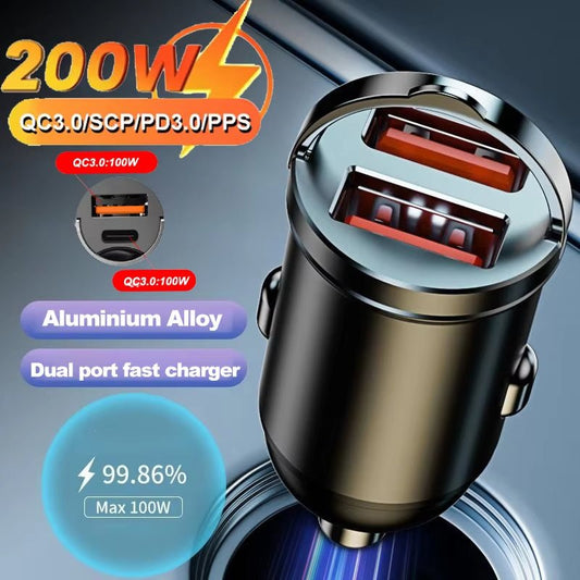 Car 100 - 200W Dual Port Mini USB Charger Ultra Fast Charging Cigarette Lighter Socket 12 - 24V Aluminum Cell Phone Charging Adapter - Avero