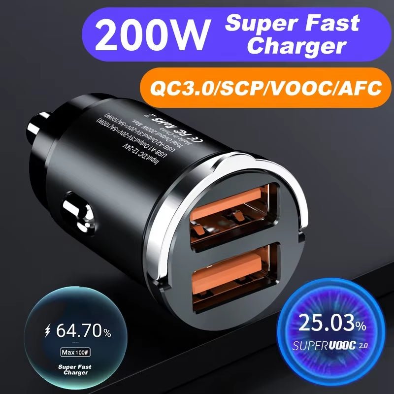 Car 100 - 200W Dual Port Mini USB Charger Ultra Fast Charging Cigarette Lighter Socket 12 - 24V Aluminum Cell Phone Charging Adapter - Avero