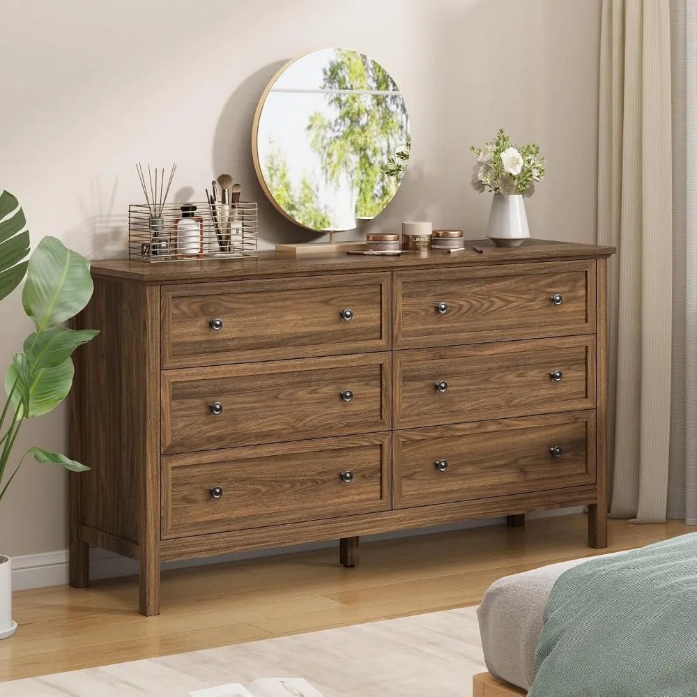 CARPETNAL 55 Walnut Dresser for Bedroom, 6 Drawer Dresser with Wide Drawer and Metal Handles, Wood Dressers & Chests of Drawers - Avero