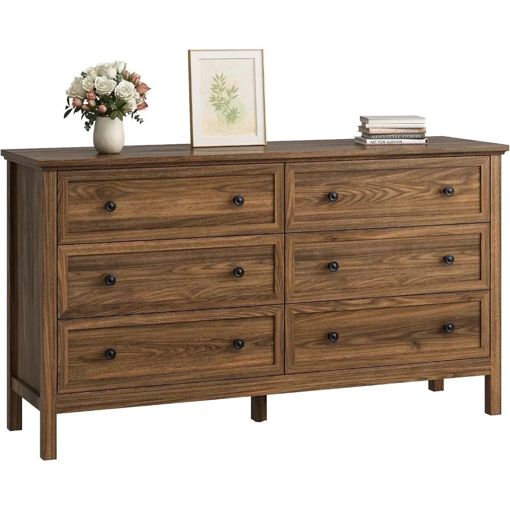 CARPETNAL 55 Walnut Dresser for Bedroom, 6 Drawer Dresser with Wide Drawer and Metal Handles, Wood Dressers & Chests of Drawers - Avero