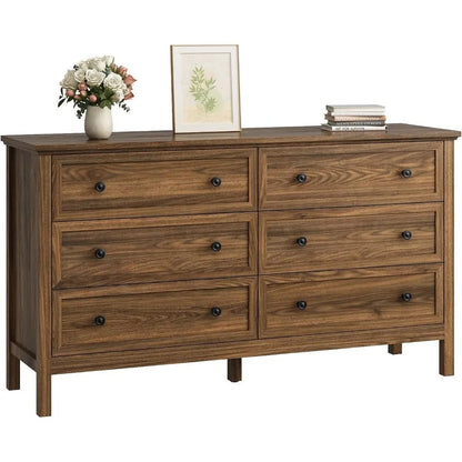 CARPETNAL 55 Walnut Dresser for Bedroom, 6 Drawer Dresser with Wide Drawer and Metal Handles, Wood Dressers & Chests of Drawers - Avero
