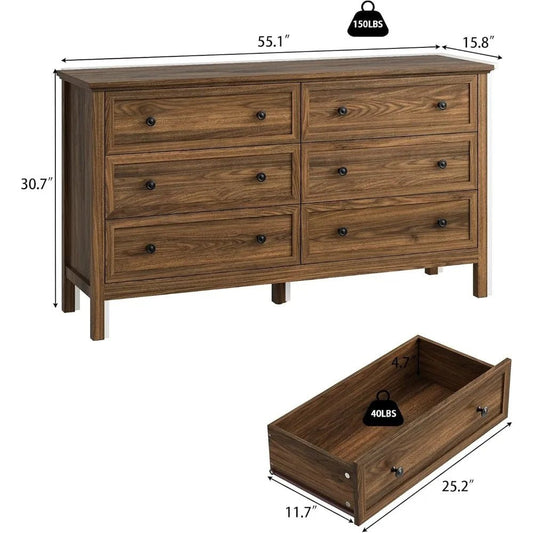 CARPETNAL 55 Walnut Dresser for Bedroom, 6 Drawer Dresser with Wide Drawer and Metal Handles, Wood Dressers & Chests of Drawers - Avero