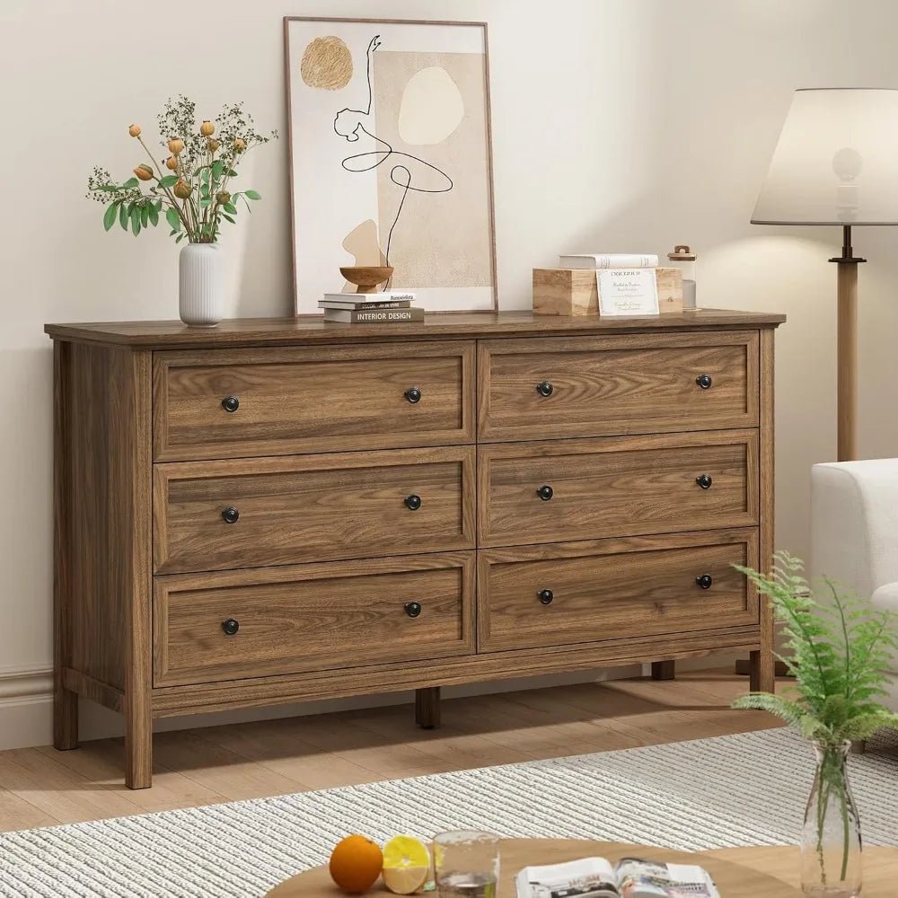 CARPETNAL 55 Walnut Dresser for Bedroom, 6 Drawer Dresser with Wide Drawer and Metal Handles, Wood Dressers & Chests of Drawers - Avero