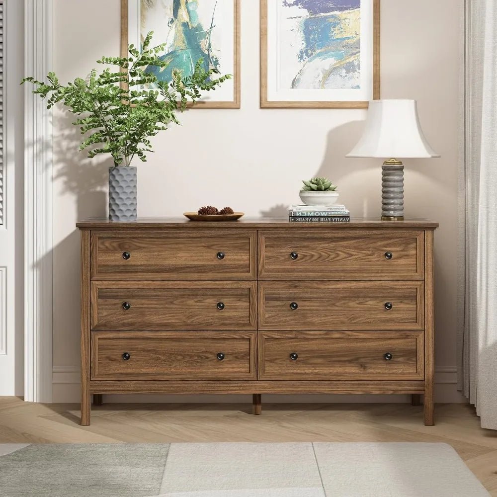 CARPETNAL 55 Walnut Dresser for Bedroom, 6 Drawer Dresser with Wide Drawer and Metal Handles, Wood Dressers & Chests of Drawers - Avero