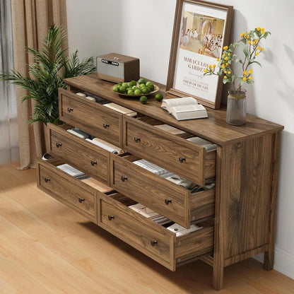 CARPETNAL 55 Walnut Dresser for Bedroom, 6 Drawer Dresser with Wide Drawer and Metal Handles, Wood Dressers & Chests of Drawers - Avero