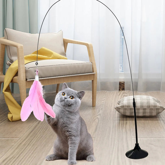 Cat Teaser Stick With Bell, Feather, Long Rod Suction Cup - Avero