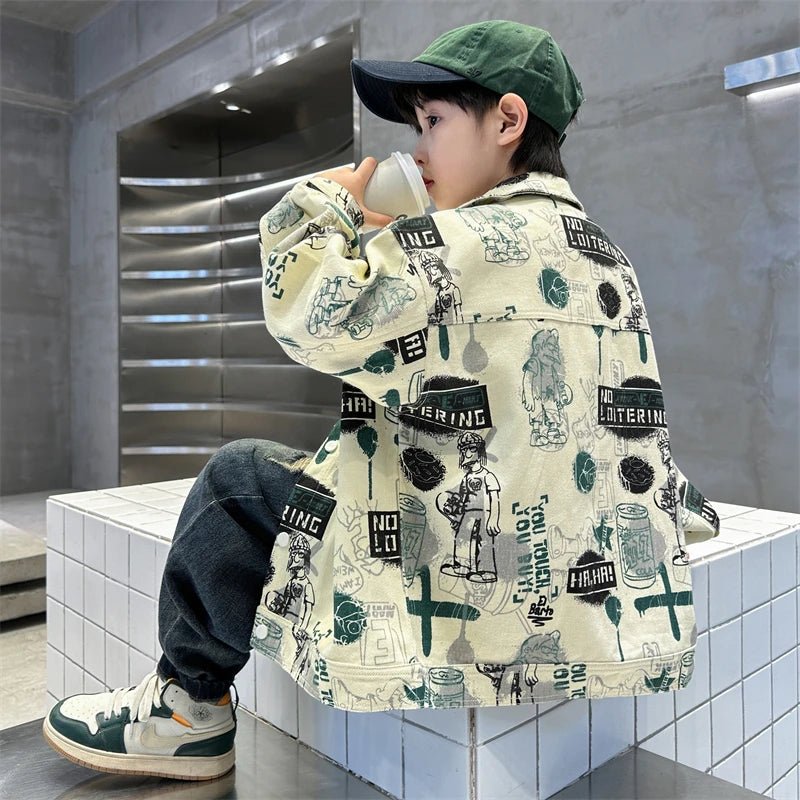Child Stylish Spring Autumn Beige Denim Jacket Drawings for Teens Boy High Fashion Streetwear Outfit Kids Design Denim Coat 5 - 14 - Avero