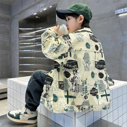 Child Stylish Spring Autumn Beige Denim Jacket Drawings for Teens Boy High Fashion Streetwear Outfit Kids Design Denim Coat 5 - 14 - Avero