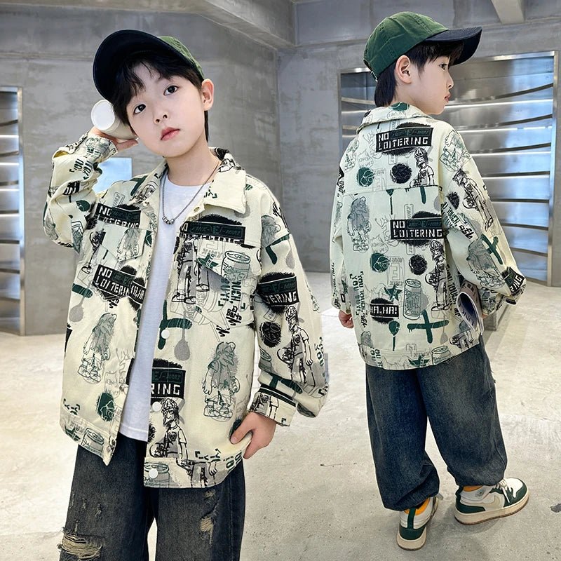 Child Stylish Spring Autumn Beige Denim Jacket Drawings for Teens Boy High Fashion Streetwear Outfit Kids Design Denim Coat 5 - 14 - Avero