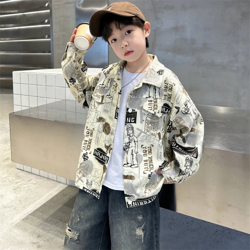 Child Stylish Spring Autumn Beige Denim Jacket Drawings for Teens Boy High Fashion Streetwear Outfit Kids Design Denim Coat 5 - 14 - Avero