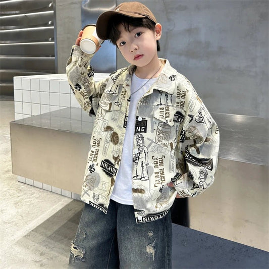 Child Stylish Spring Autumn Beige Denim Jacket Drawings for Teens Boy High Fashion Streetwear Outfit Kids Design Denim Coat 5 - 14 - Avero