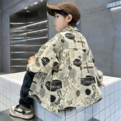 Child Stylish Spring Autumn Beige Denim Jacket Drawings for Teens Boy High Fashion Streetwear Outfit Kids Design Denim Coat 5 - 14 - Avero
