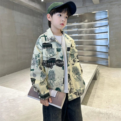 Child Stylish Spring Autumn Beige Denim Jacket Drawings for Teens Boy High Fashion Streetwear Outfit Kids Design Denim Coat 5 - 14 - Avero