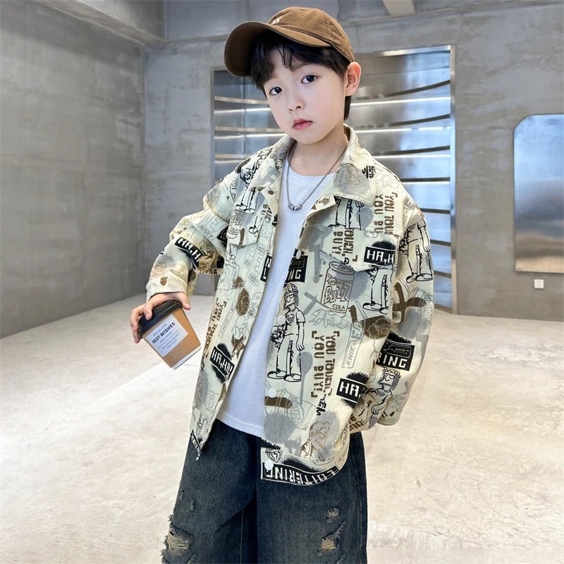 Child Stylish Spring Autumn Beige Denim Jacket Drawings for Teens Boy High Fashion Streetwear Outfit Kids Design Denim Coat 5 - 14 - Avero