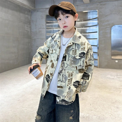 Child Stylish Spring Autumn Beige Denim Jacket Drawings for Teens Boy High Fashion Streetwear Outfit Kids Design Denim Coat 5 - 14 - Avero