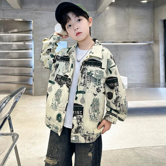 Child Stylish Spring Autumn Beige Denim Jacket Drawings for Teens Boy High Fashion Streetwear Outfit Kids Design Denim Coat 5 - 14 - Avero