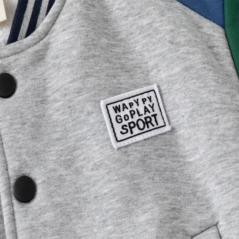 Children Letter Baseball Coat 2025 Autumn Winter Boys Button Thickened Sweatshirt Baby V - neck Color - blocked Coat - Avero