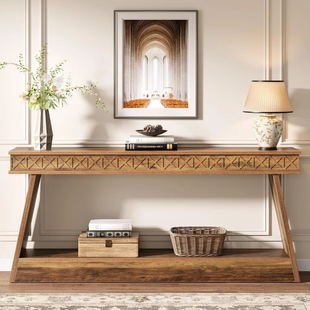 Farmhouse Console Table, 71 - Inch Extra Long Entryway Table with Storage, 2 - Tier Narrow Sofa Table Behind Couch, Wooden Accent T - Avero