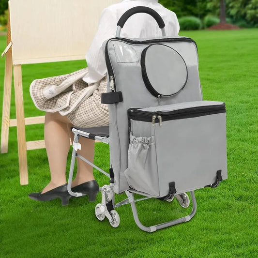 Folding Big Wheeled Portable Rolling Chair with Storage Mobile Foldable Shopping Cart featuring Seat Ideal for Leisure Travel O - Avero