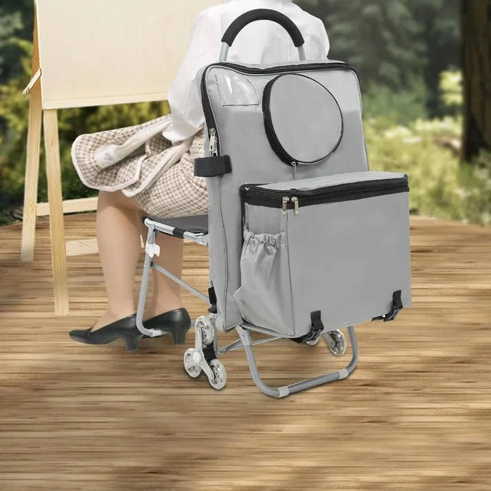 Folding Big Wheeled Portable Rolling Chair with Storage Mobile Foldable Shopping Cart featuring Seat Ideal for Leisure Travel O - Avero