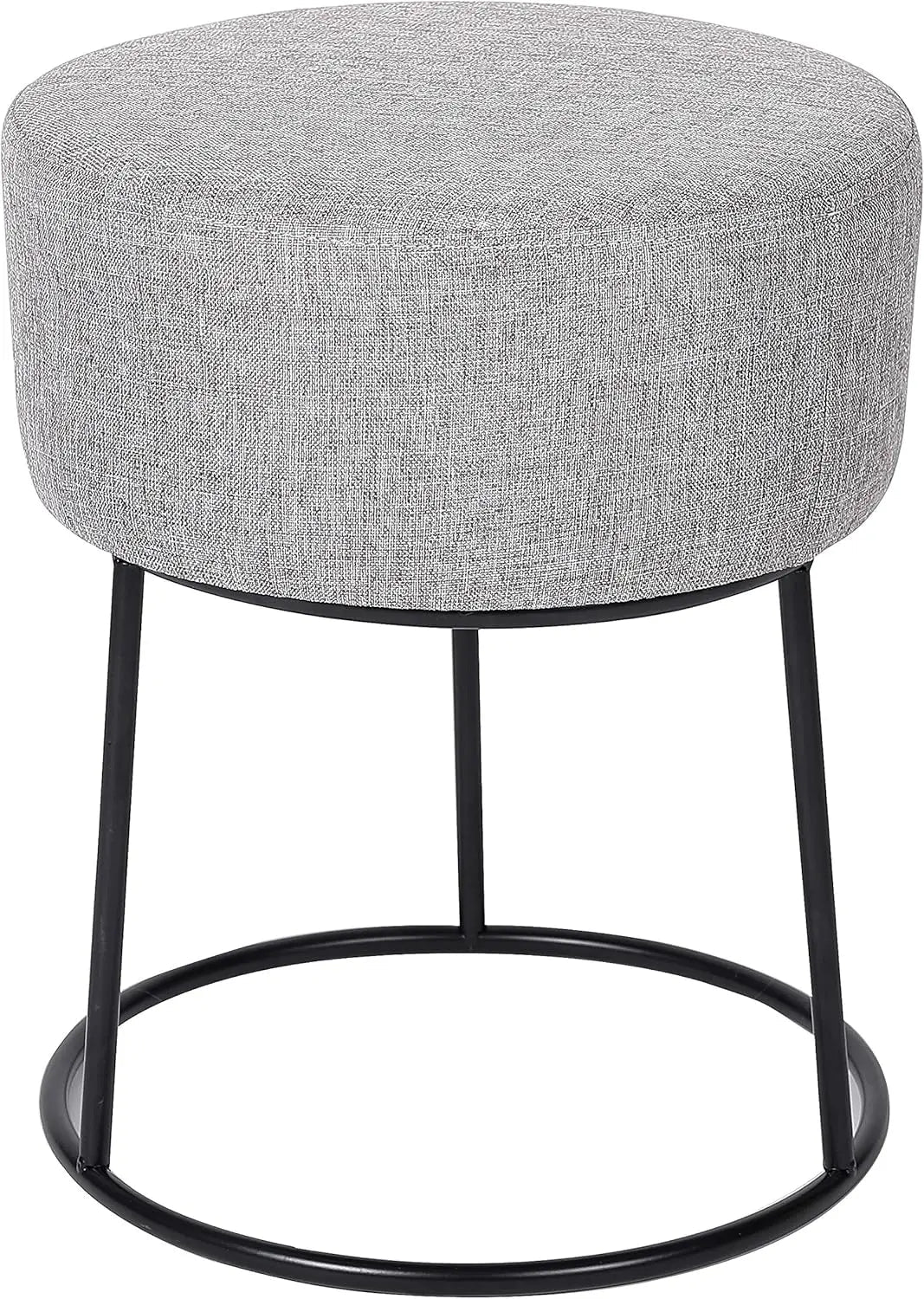 Foot Rest Linen Ottoman - Upholstered Vanity Chair With Bla Metal Legs - Soft Padded Round Stool For Living Room, Bedroom, Kids - Avero