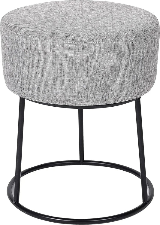 Foot Rest Linen Ottoman - Upholstered Vanity Chair With Bla Metal Legs - Soft Padded Round Stool For Living Room, Bedroom, Kids - Avero