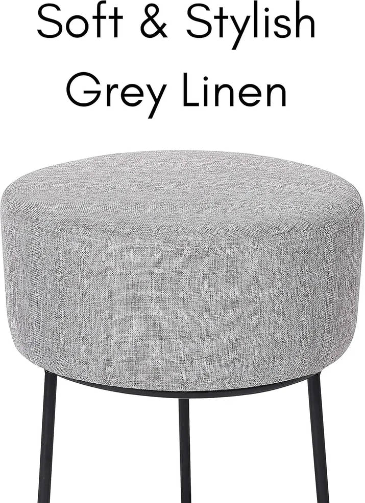 Foot Rest Linen Ottoman - Upholstered Vanity Chair With Bla Metal Legs - Soft Padded Round Stool For Living Room, Bedroom, Kids - Avero