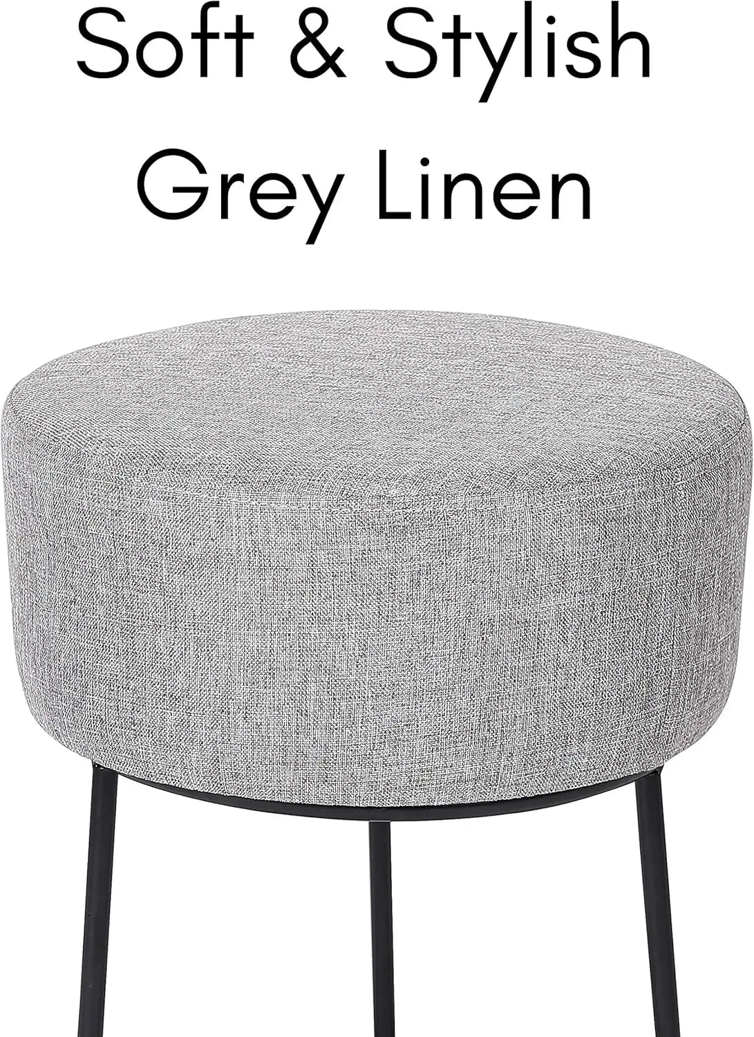 Foot Rest Linen Ottoman - Upholstered Vanity Chair With Bla Metal Legs - Soft Padded Round Stool For Living Room, Bedroom, Kids - Avero