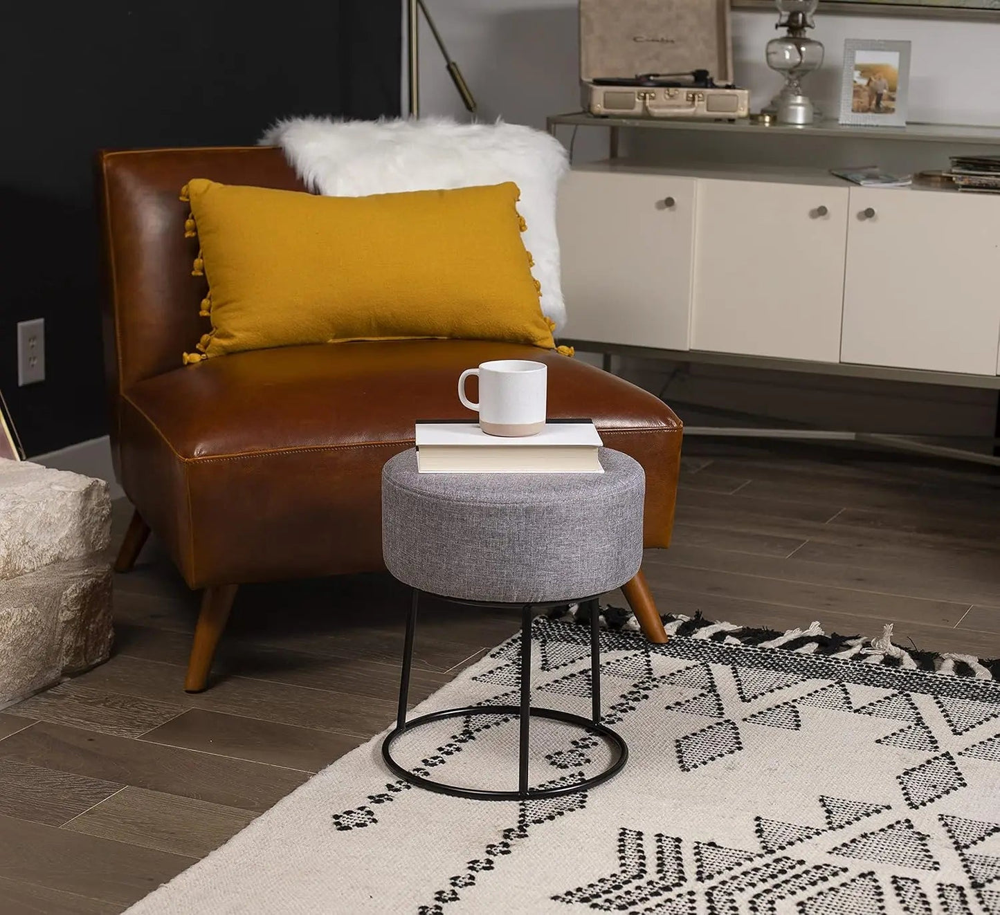 Foot Rest Linen Ottoman - Upholstered Vanity Chair With Bla Metal Legs - Soft Padded Round Stool For Living Room, Bedroom, Kids - Avero