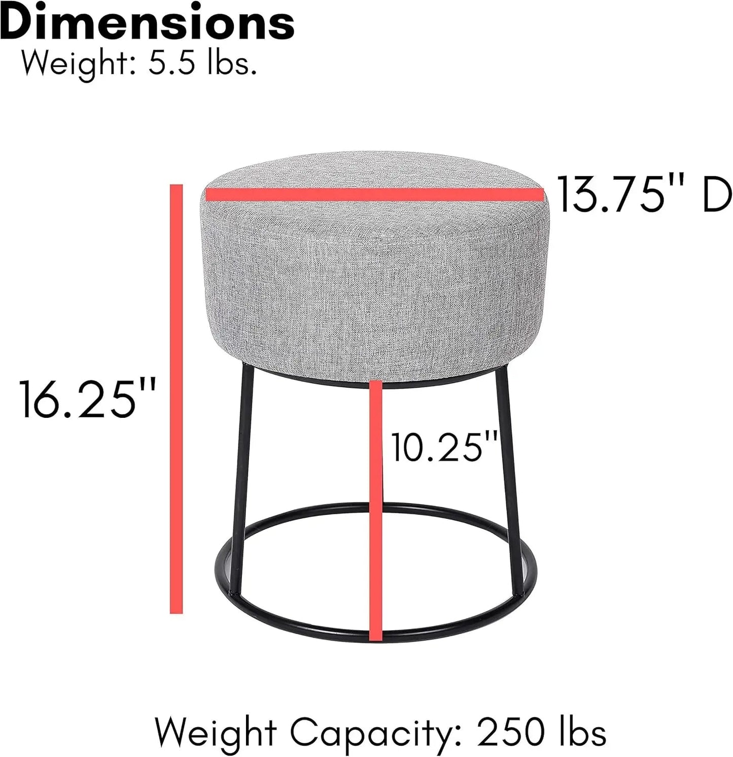 Foot Rest Linen Ottoman - Upholstered Vanity Chair With Bla Metal Legs - Soft Padded Round Stool For Living Room, Bedroom, Kids - Avero