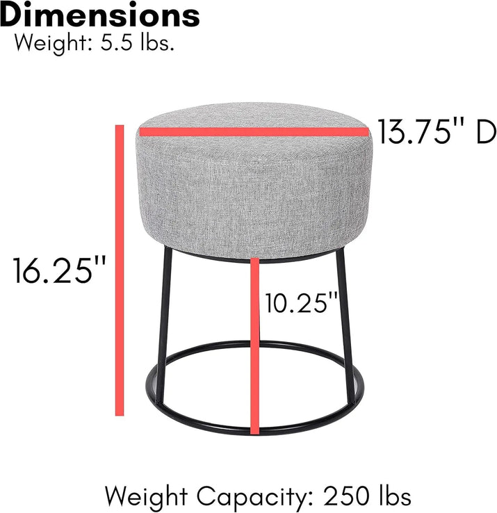 Foot Rest Linen Ottoman - Upholstered Vanity Chair With Bla Metal Legs - Soft Padded Round Stool For Living Room, Bedroom, Kids - Avero