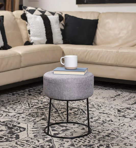Foot Rest Linen Ottoman - Upholstered Vanity Chair With Bla Metal Legs - Soft Padded Round Stool For Living Room, Bedroom, Kids - Avero