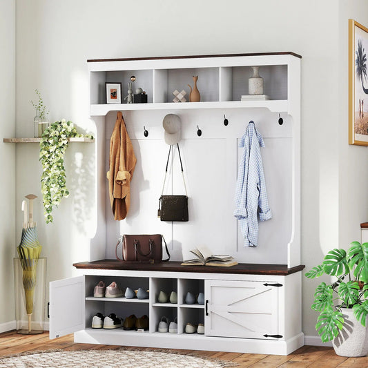 For 3 - in - 1 Hall Tree with Shoe Storage, Coat Rack with Bench, Entryway Furniture with Hooks, White Wood Grain - Avero