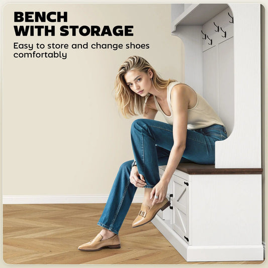 For 3 - in - 1 Hall Tree with Shoe Storage, Coat Rack with Bench, Entryway Furniture with Hooks, White Wood Grain - Avero