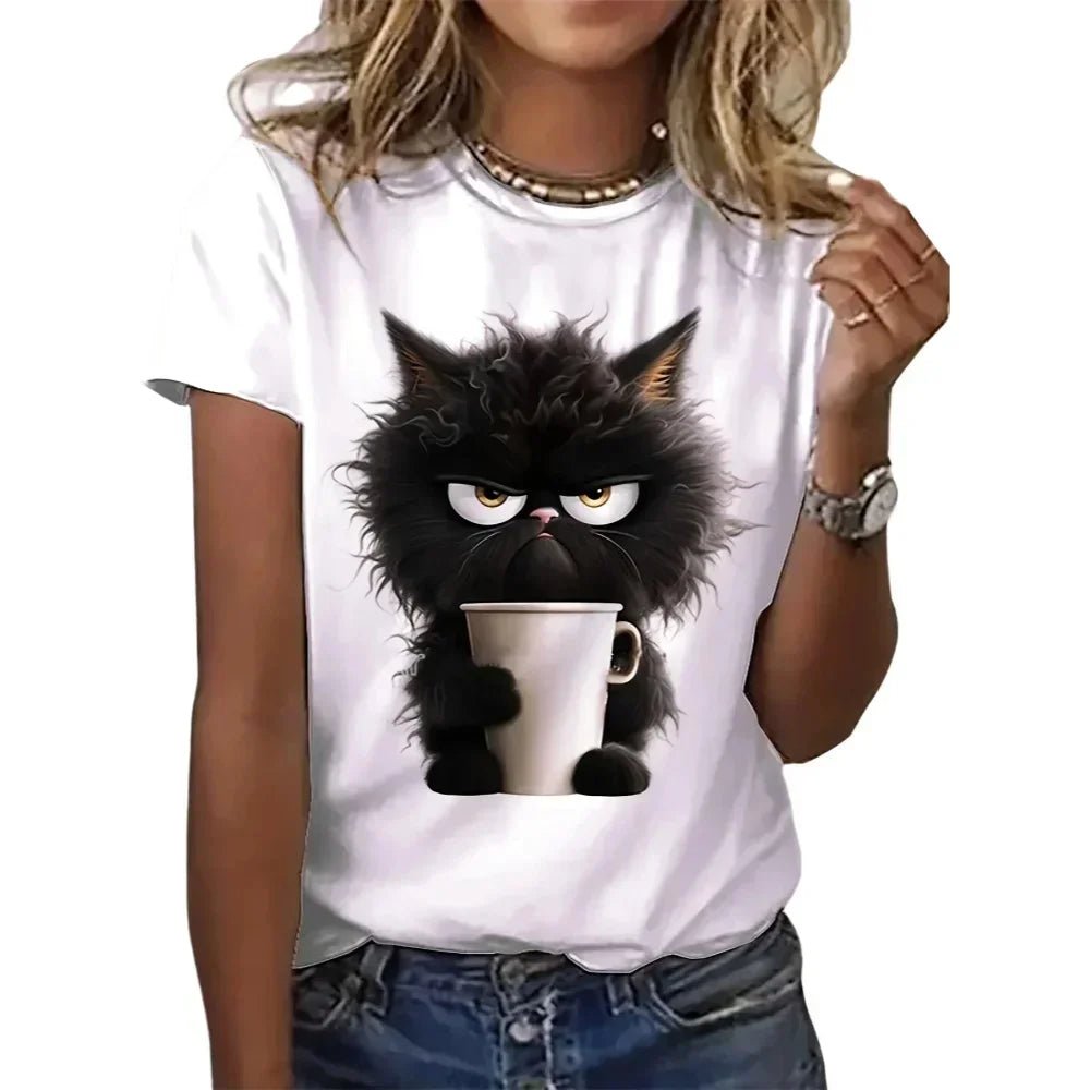 Funny Cat Women Summer White Print T-shirt Girl Casual Short Sleeve O Neck Top For Summer Female Animal Clothing - Avero