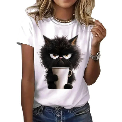 Funny Cat Women Summer White Print T-shirt Girl Casual Short Sleeve O Neck Top For Summer Female Animal Clothing - Avero