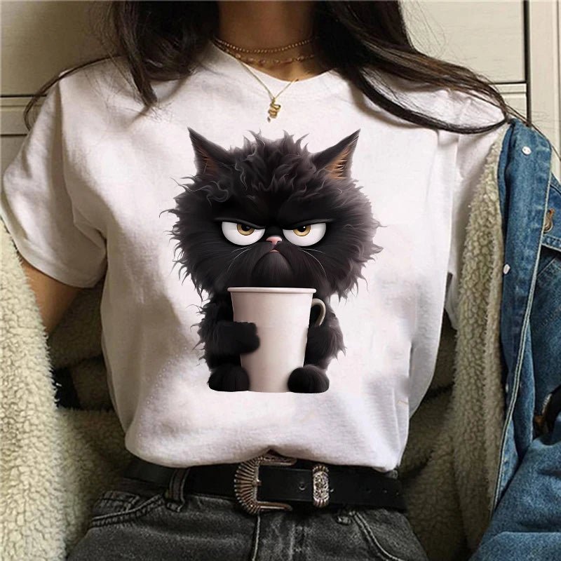 Funny Cat Women Summer White Print T-shirt Girl Casual Short Sleeve O Neck Top For Summer Female Animal Clothing - Avero