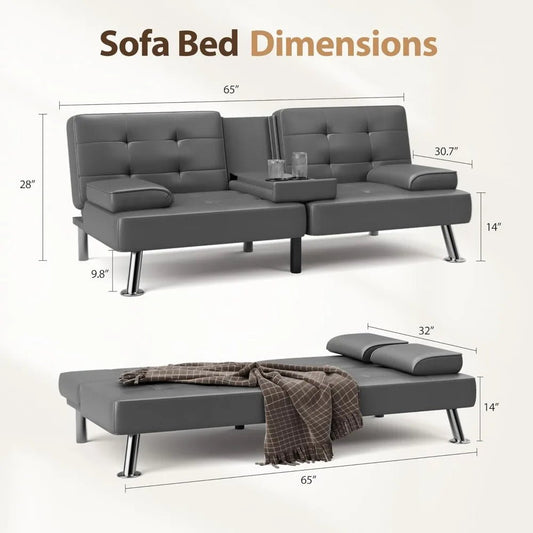 futon sofa bed loveseat with removable armrests, faux leather upholstery, metal frame, living room sleeper couch - Avero