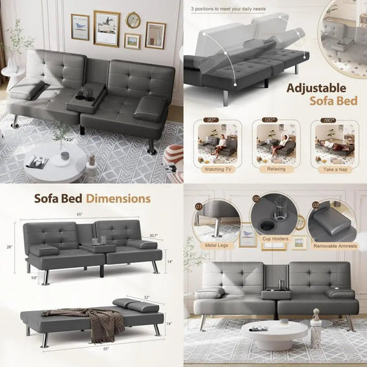 futon sofa bed loveseat with removable armrests, faux leather upholstery, metal frame, living room sleeper couch - Avero