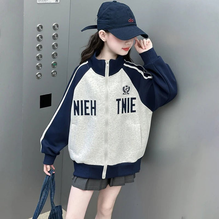 Girls Spring Autumn Baseball Zipper Coat Children Letter Printed Color Blocked Sports Top Jacket Kids Baseball Uniform Clothes - Avero